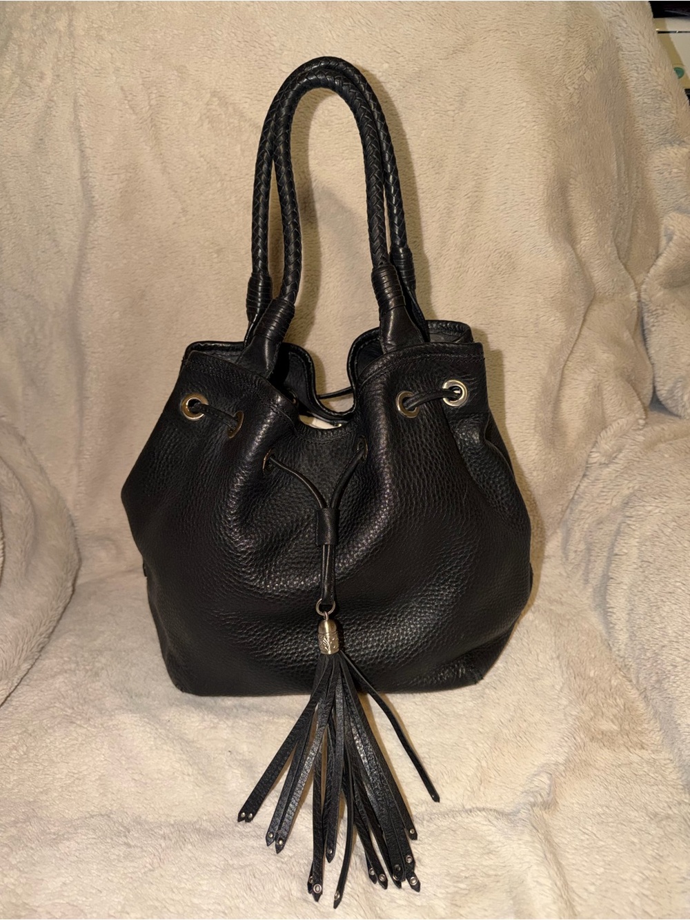 Cole Haan Black Pebbled Leather Bucket Bag Drawstring Tassel Braided Handle Tote
